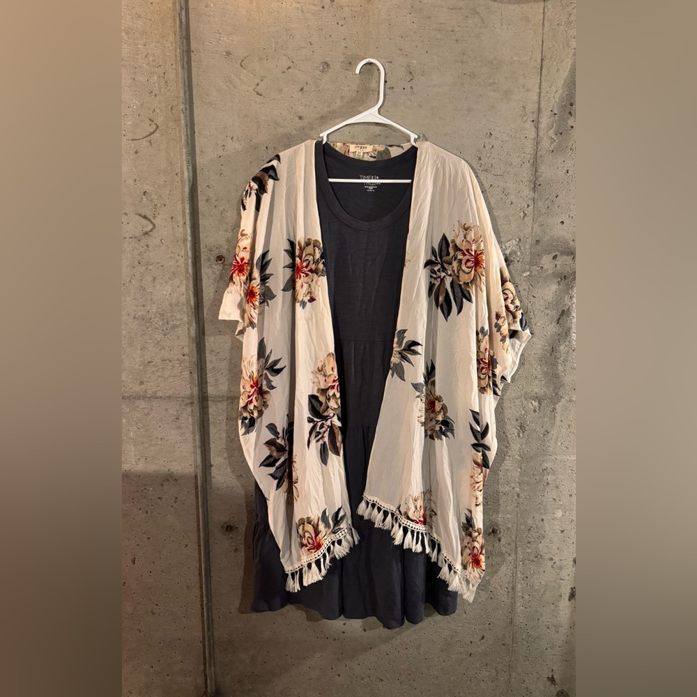 Cute Wedding Outfit: Tiered Dress & Floral Kimono Two Piece Set